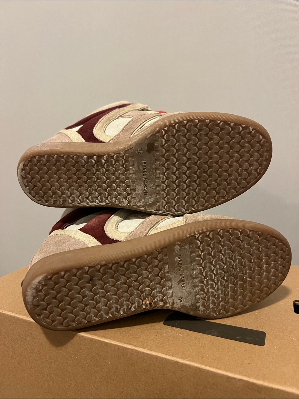 Isabel Marant Beige Suede Wedge Sneakers with Pink, Red & Burgundy Straps - Picture 6 of 8